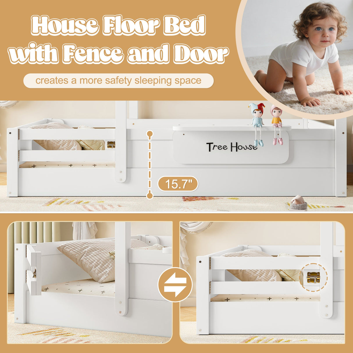 Full Size Floor Bed with Guardrails and Roof