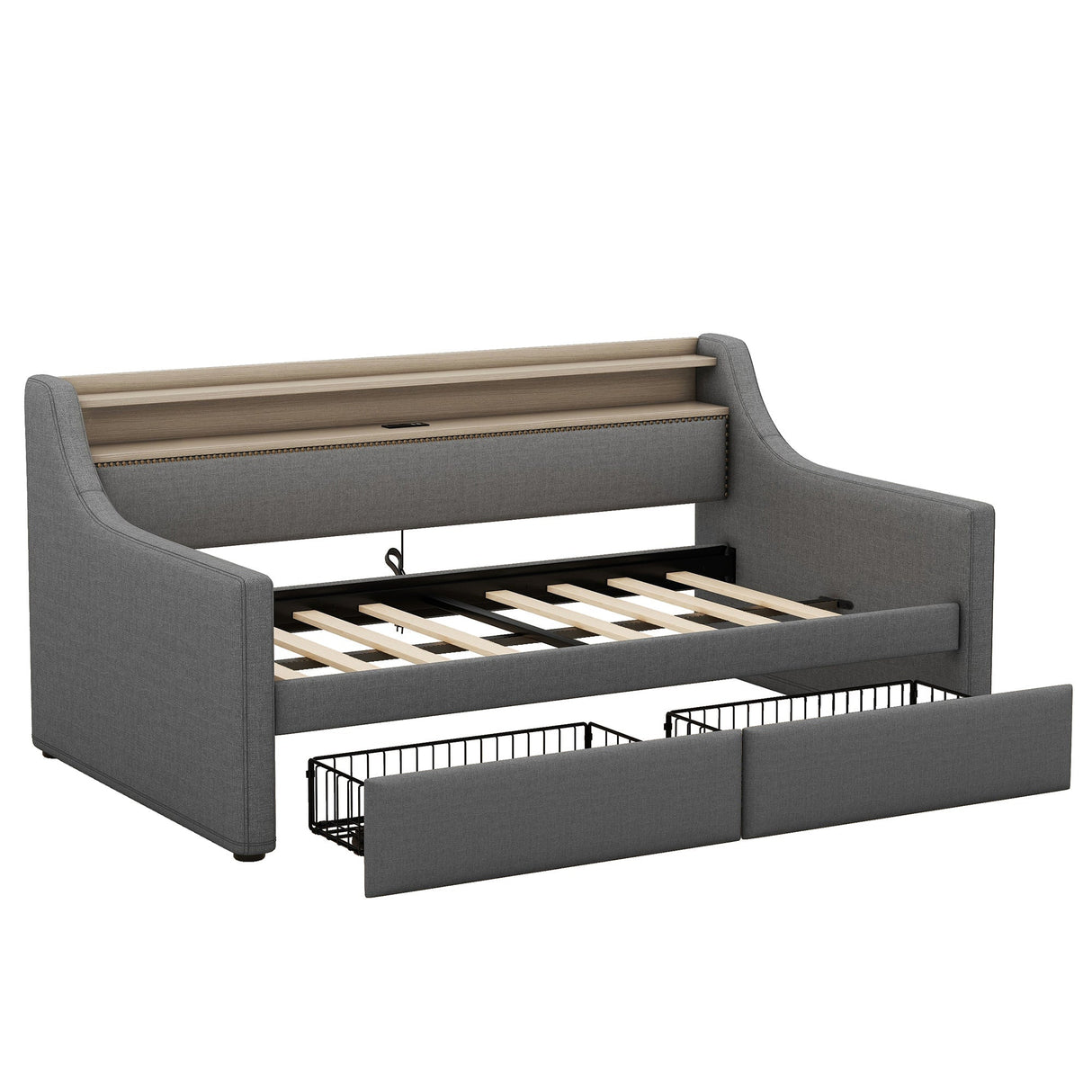 Twin Size Linen Upholstered Daybed with Storage Drawers and LED Lights