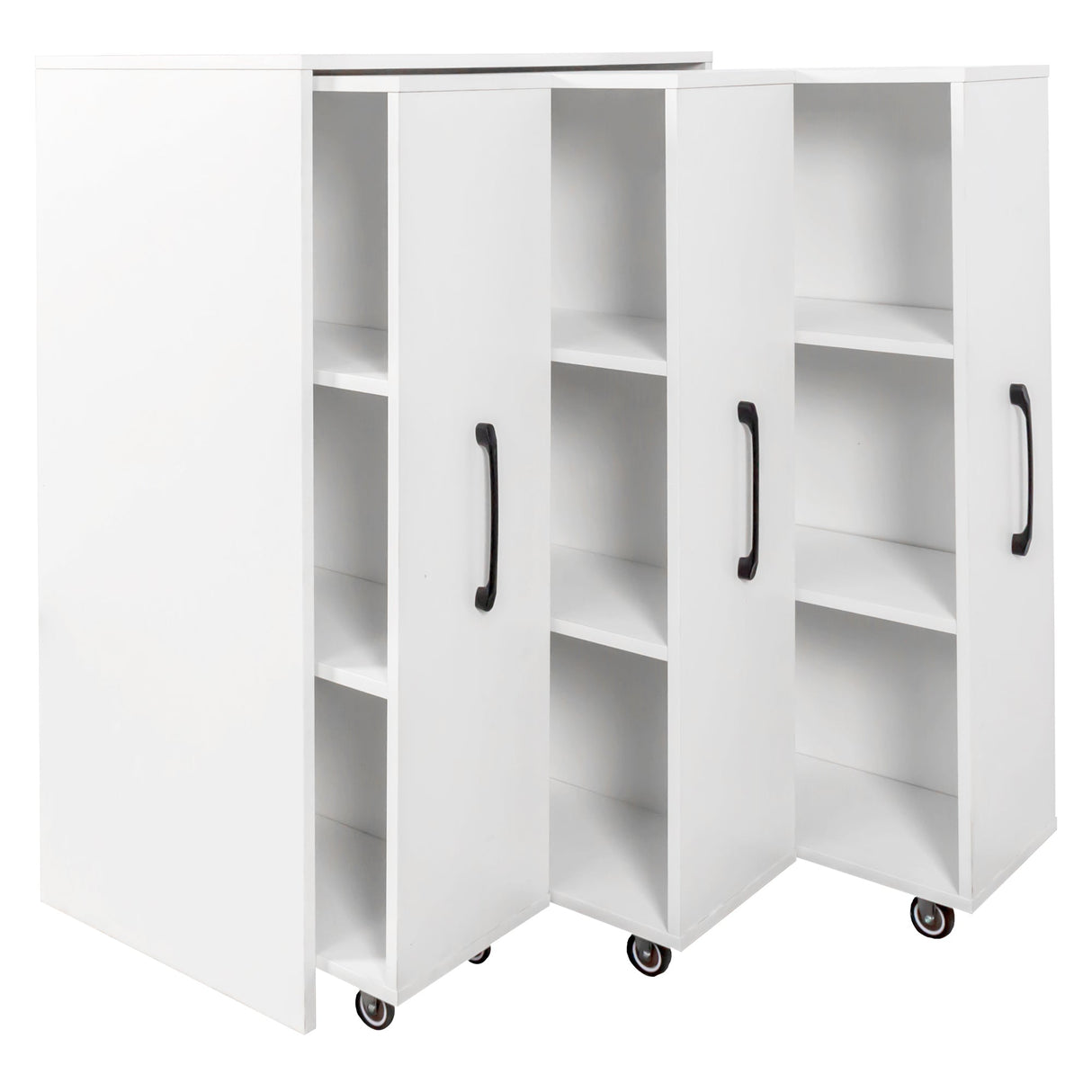 3 Tier Bookcase with Three Pulled Out Doors and Wheels