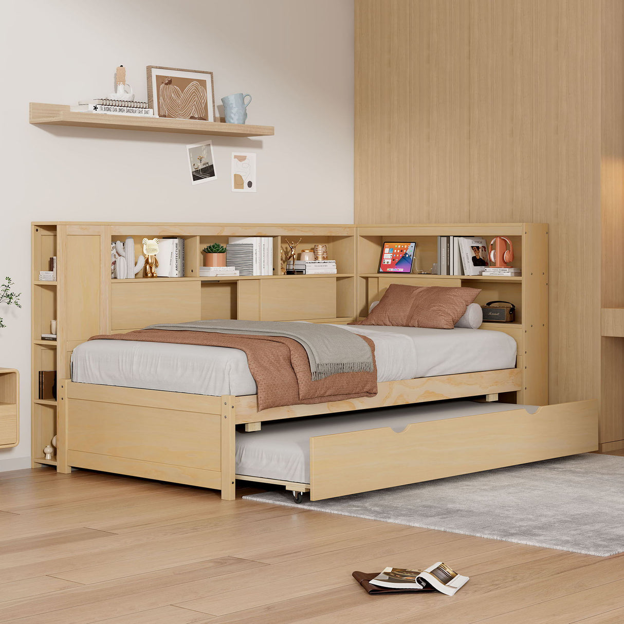 Daybed With Storage Shelves, USB Charging, And Trundle Bed