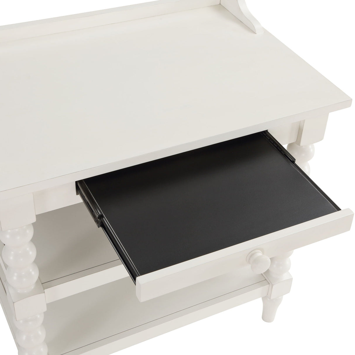 Aria - Nightstand With Styling, 2 Shelves, Pull Out Tray, Spool Turned Legs - Antique White