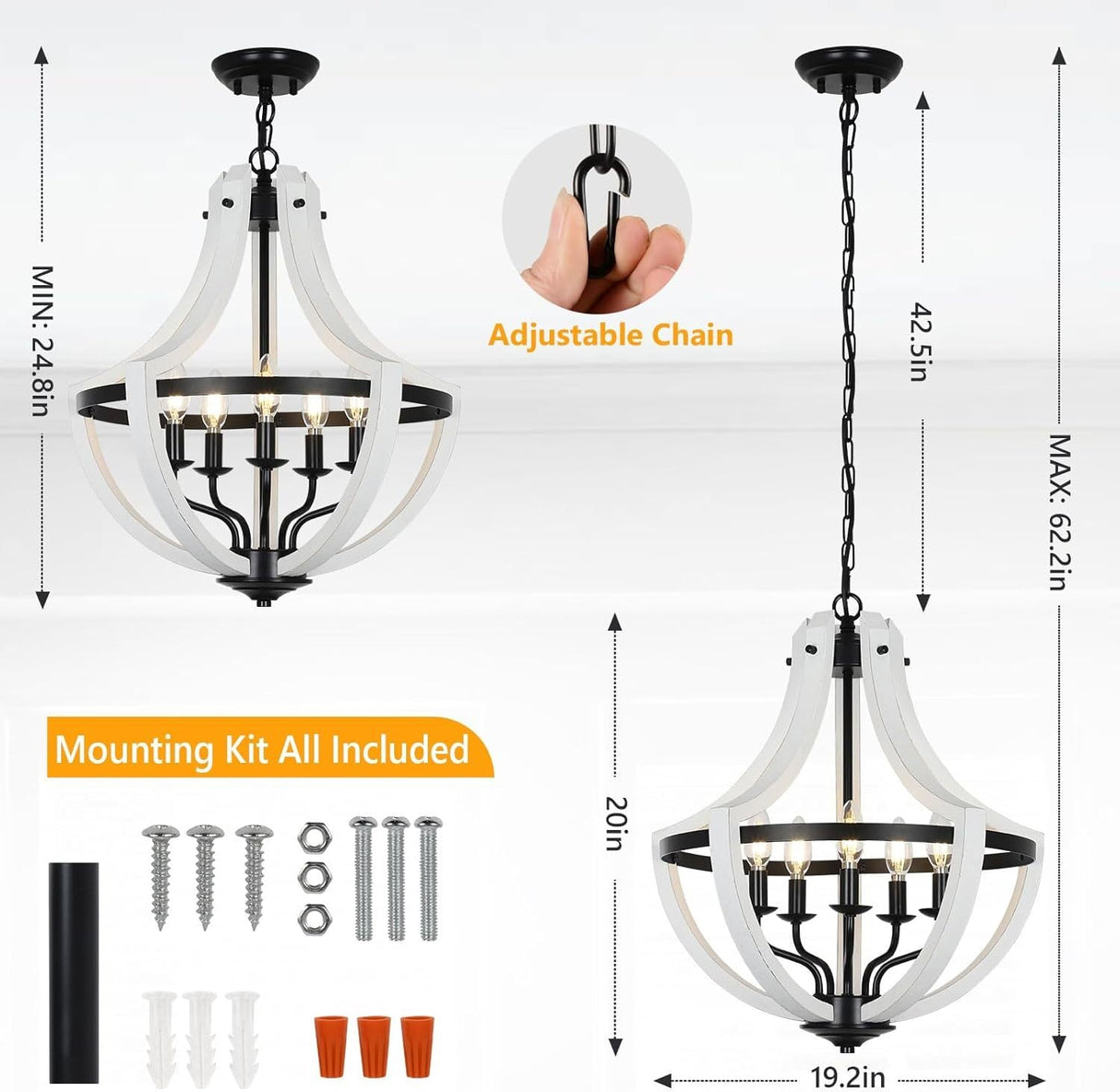 5-Light Convertible White Wood Farmhouse Chandelier