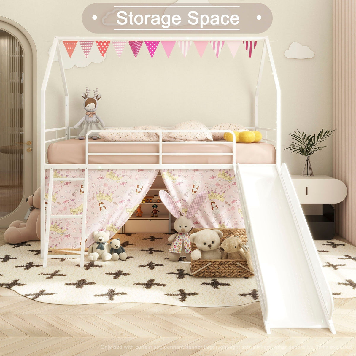 Jack - House Loft Bed With Slide And Curtain Set