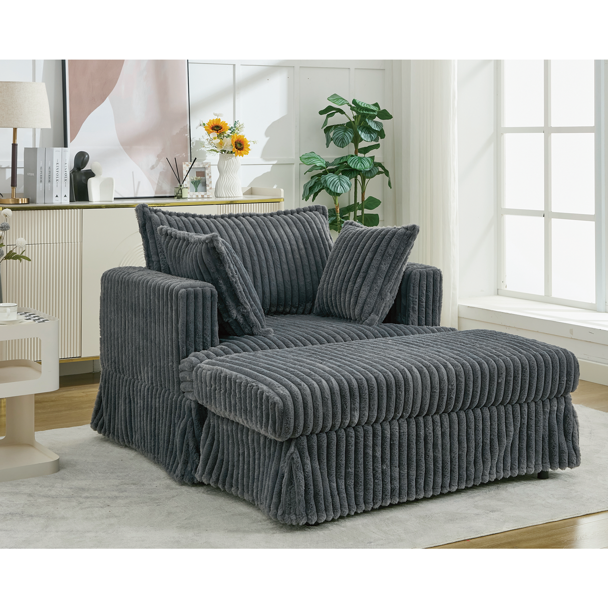 Oversized Corduroy Chaise Lounge with Ottoman in Dark Gray