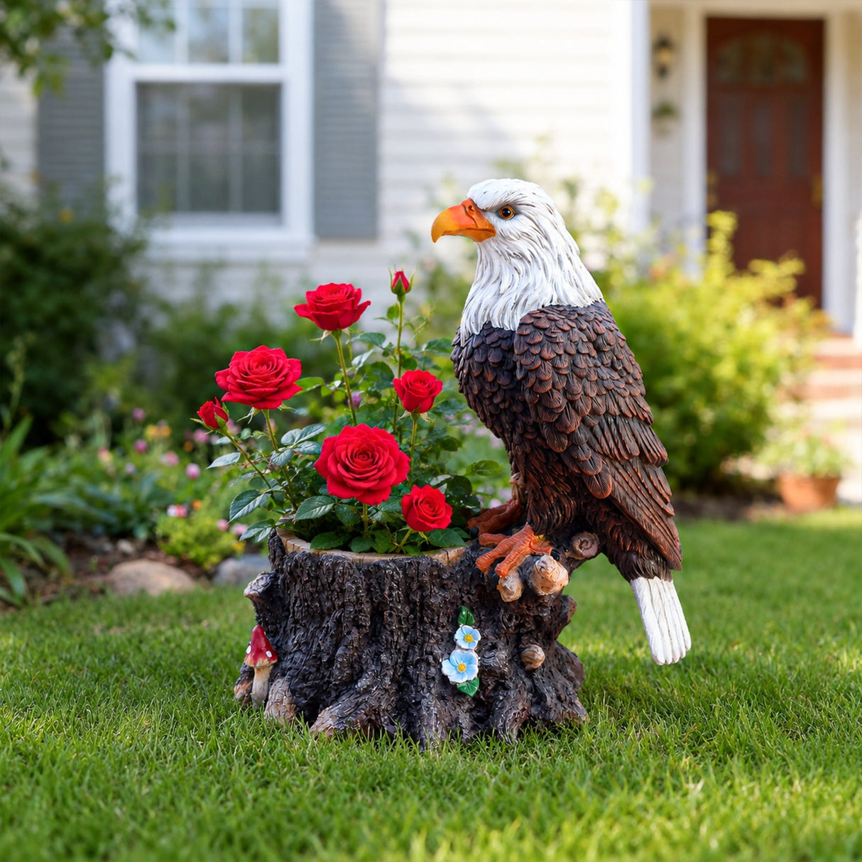 Realistic Standing Eagle Garden Planter on Tree Stump