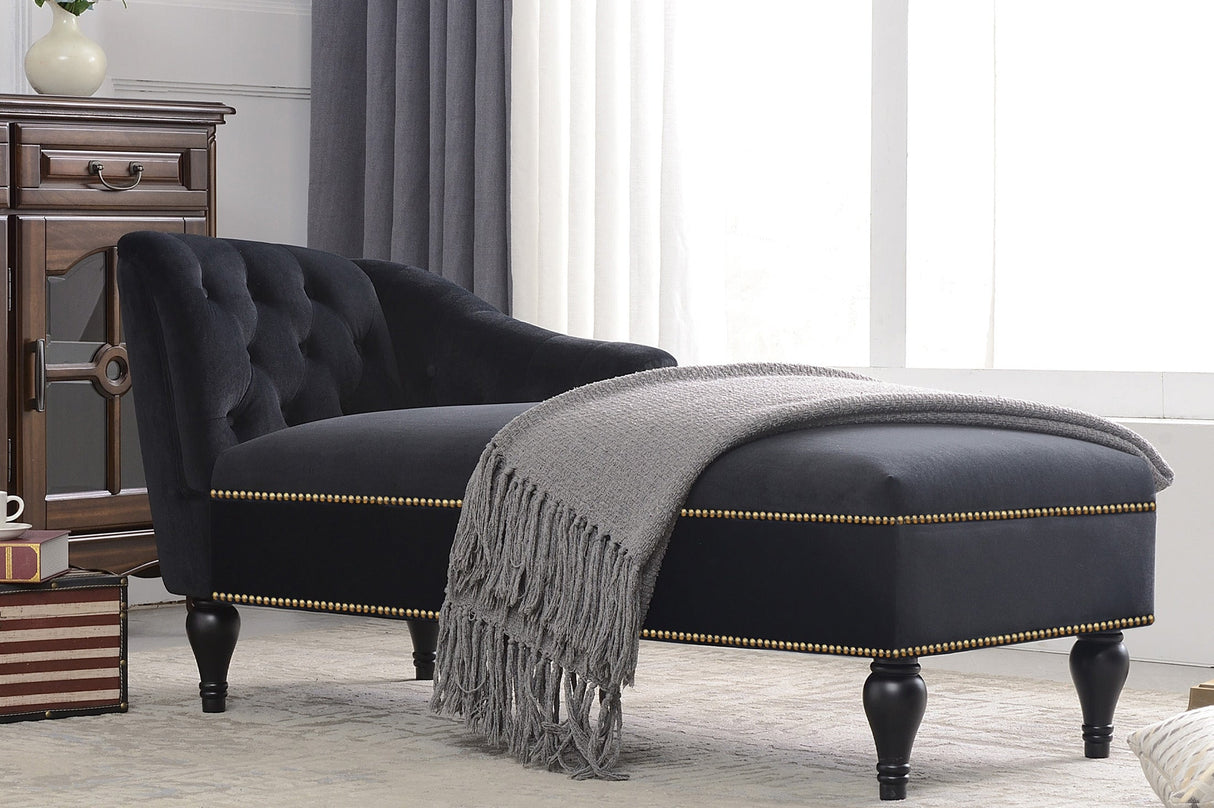 58" Velvet Chaise Lounge with Nailhead Trim and Solid Wood Legs