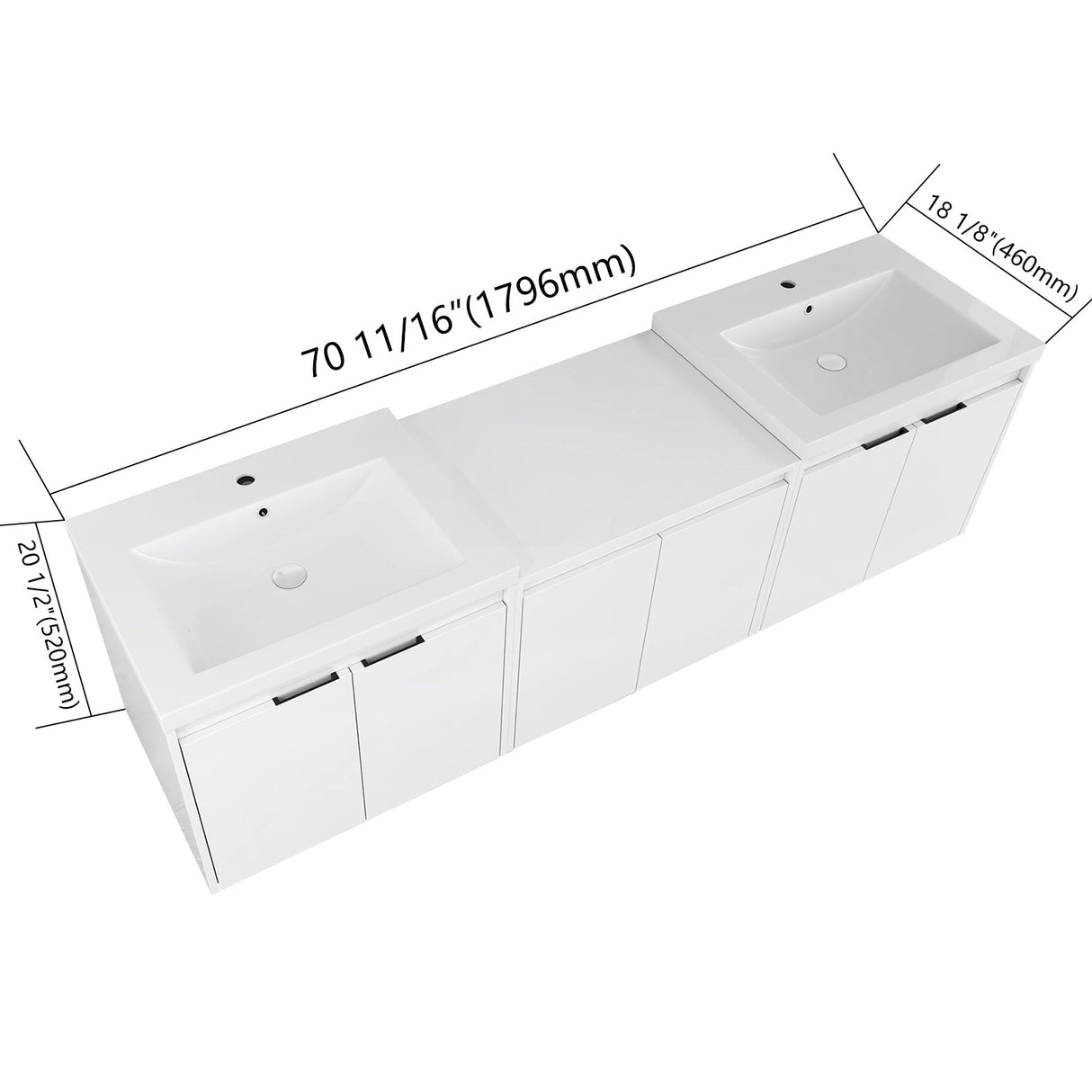 72" Bathroom Vanity With Resin Sink, Soft Close Doors and 1-Side Cabinet