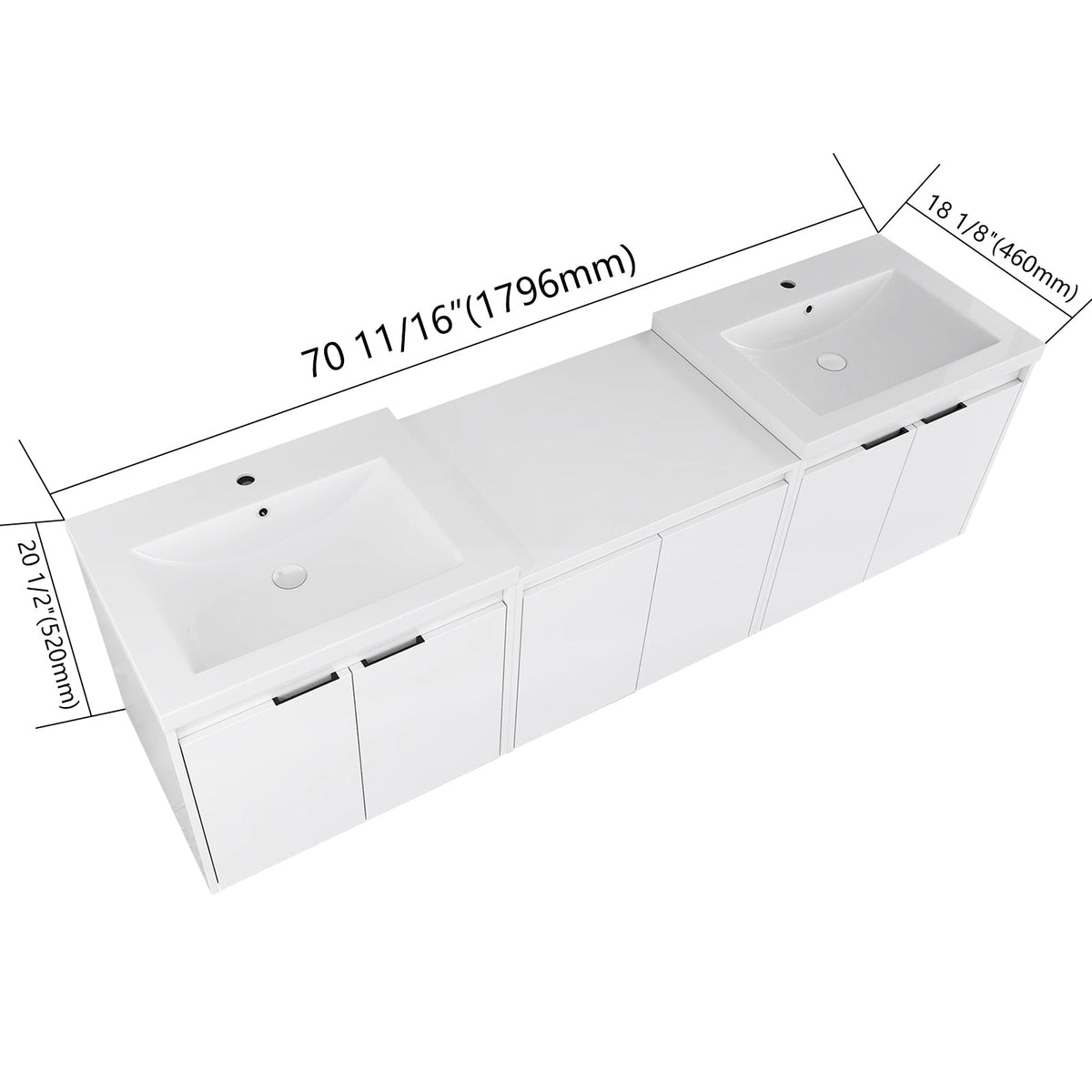 72" Bathroom Vanity With Resin Sink, Soft Close Doors and 1-Side Cabinet