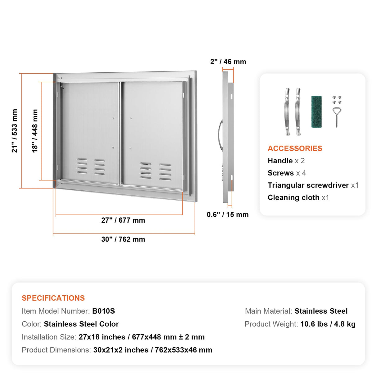 BBQ Access Door, 30W x 21H Inch Double Stainless Steel Outdoor Kitchen Door