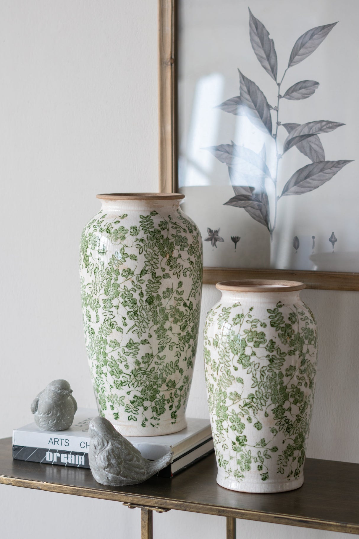 6.5x6.5x11.6' White Ceramic Flower Vase with Green Floral Pattern