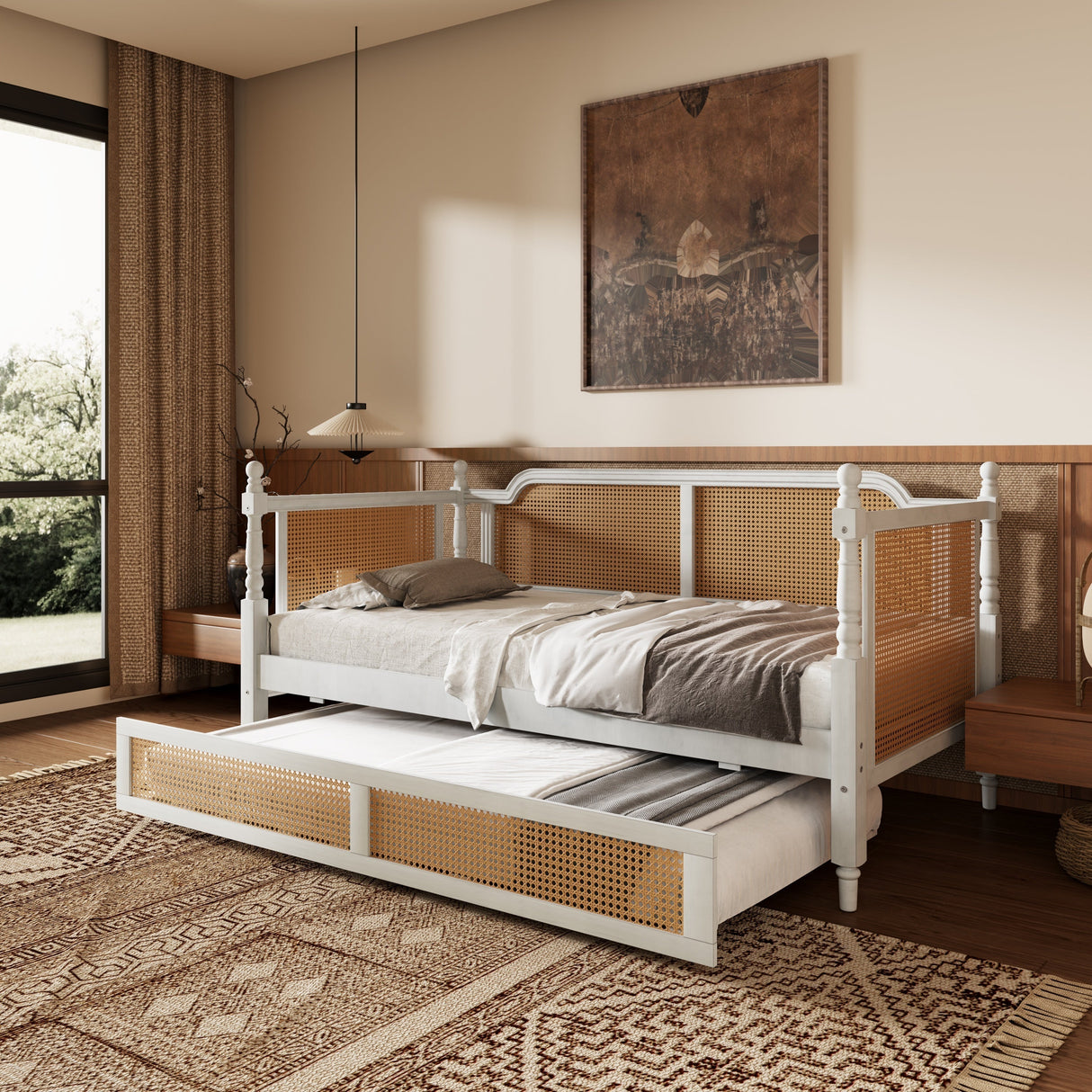 Traditional Style Rattan Twin Size Daybed with Twin Trundle