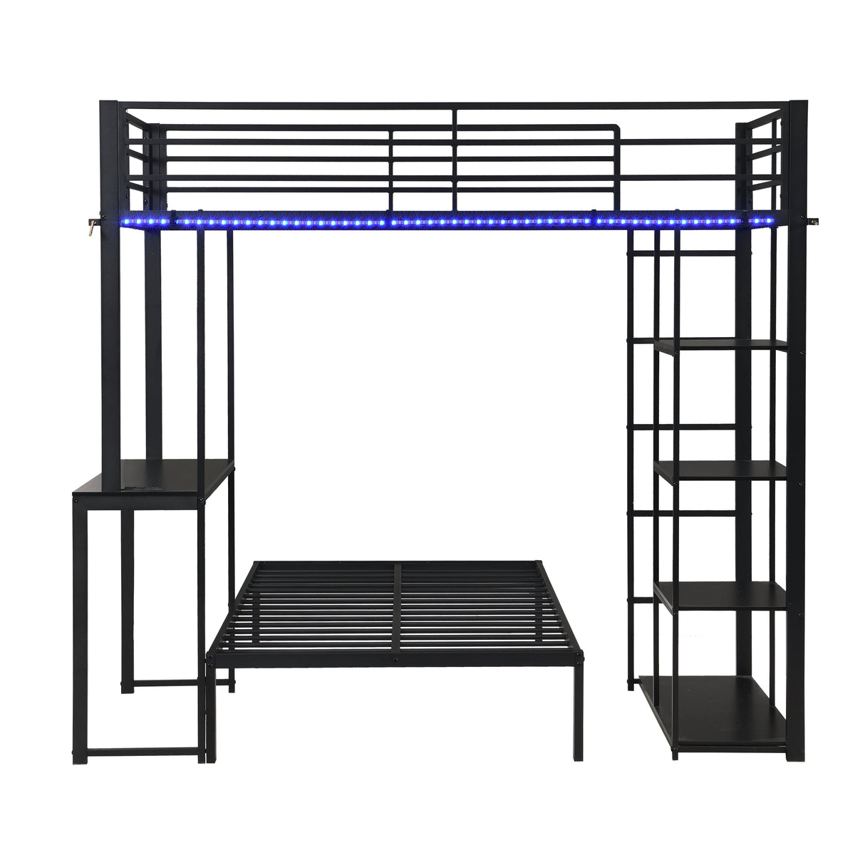 Metal Loft Bed Frame with LED Light Strip, Side Storage Shelves & Built-in Desk