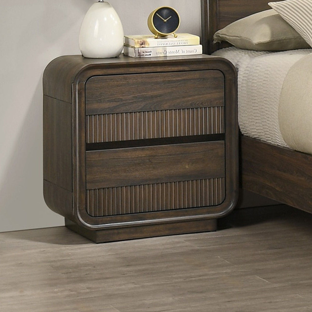 Flair Rounded Edges Nightstand, 2 Drawer Storage - Brown