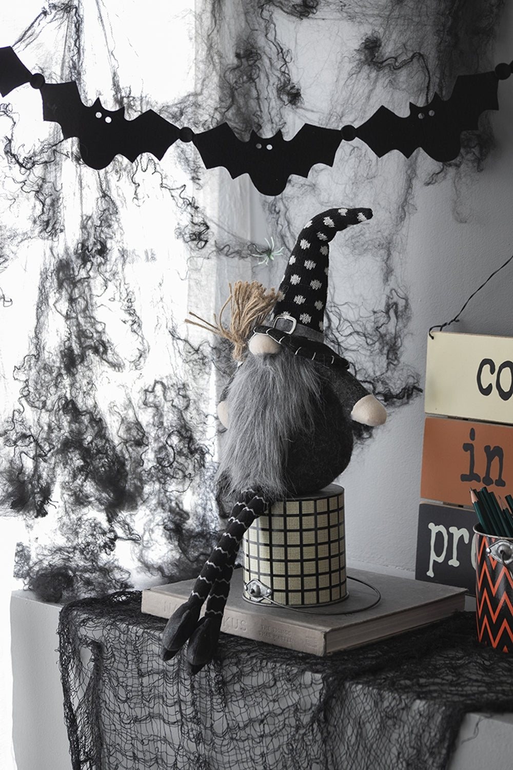 Black Halloween Gnome – 25'' Fabric Decor with Broomstick & Dangly Legs