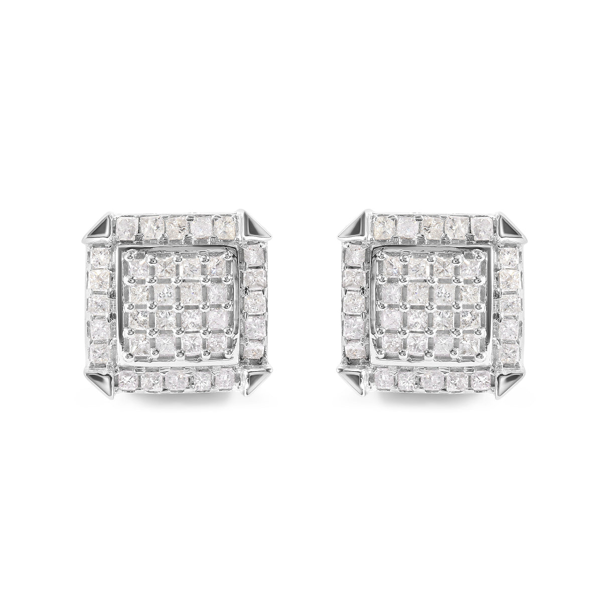 10K White Gold 1 1/10 Cttw Princess Diamond Composite and Halo Stud Earrings (I-J Color, I1-I2 Clarity)