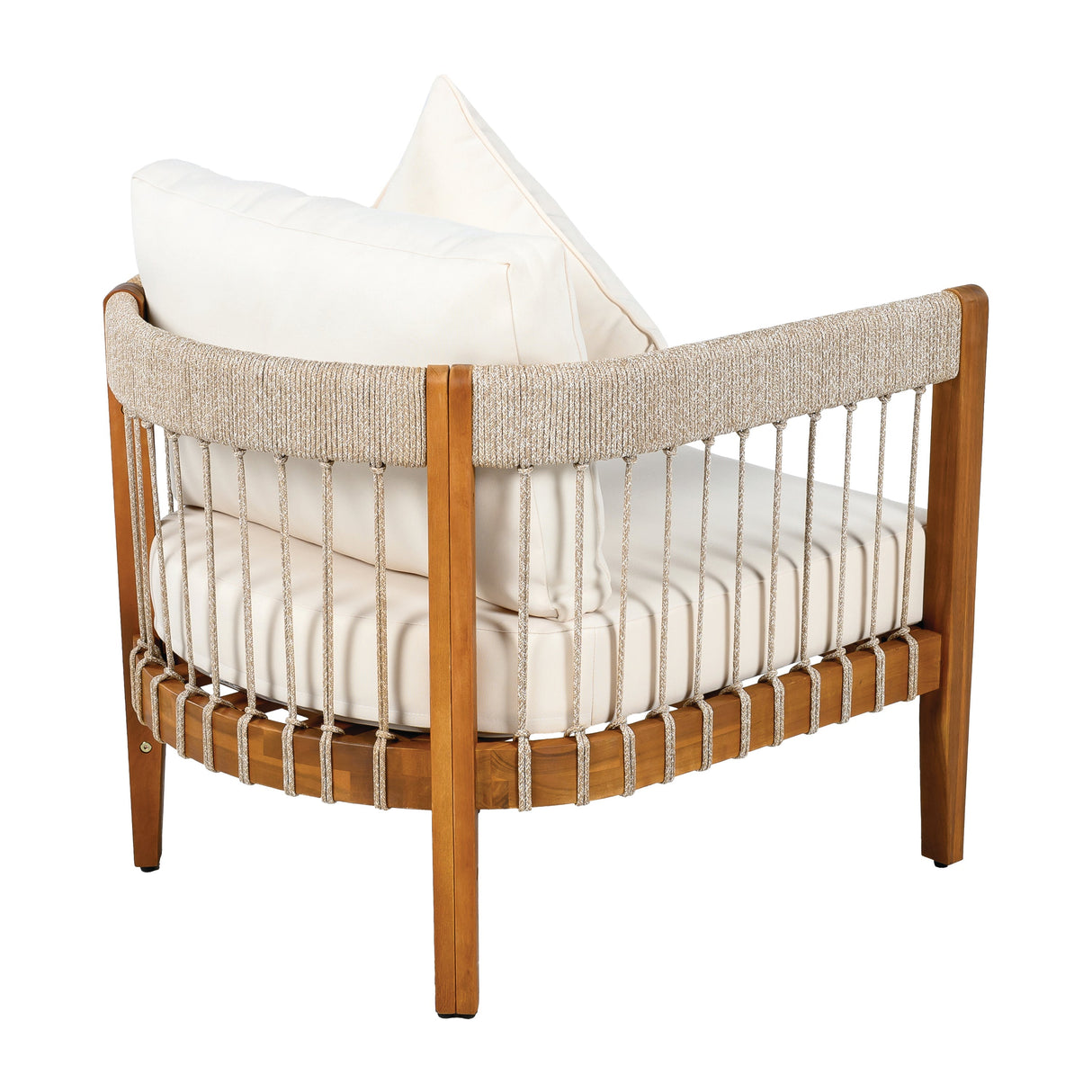 Acacia Wood Outdoor Club Chair with Handwoven Rope Accents and Curved Backrest