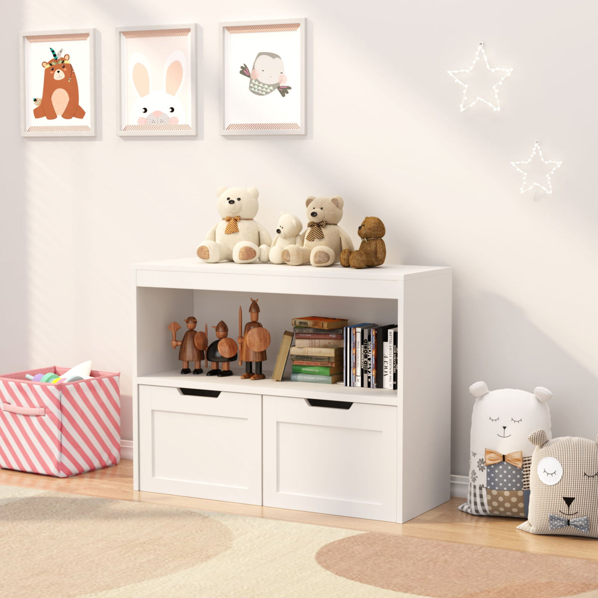 Book Organizer With Large Drawers And Open Shelves, Toy Storage Cabinet With Removable Wheels And Rounded Edges - White