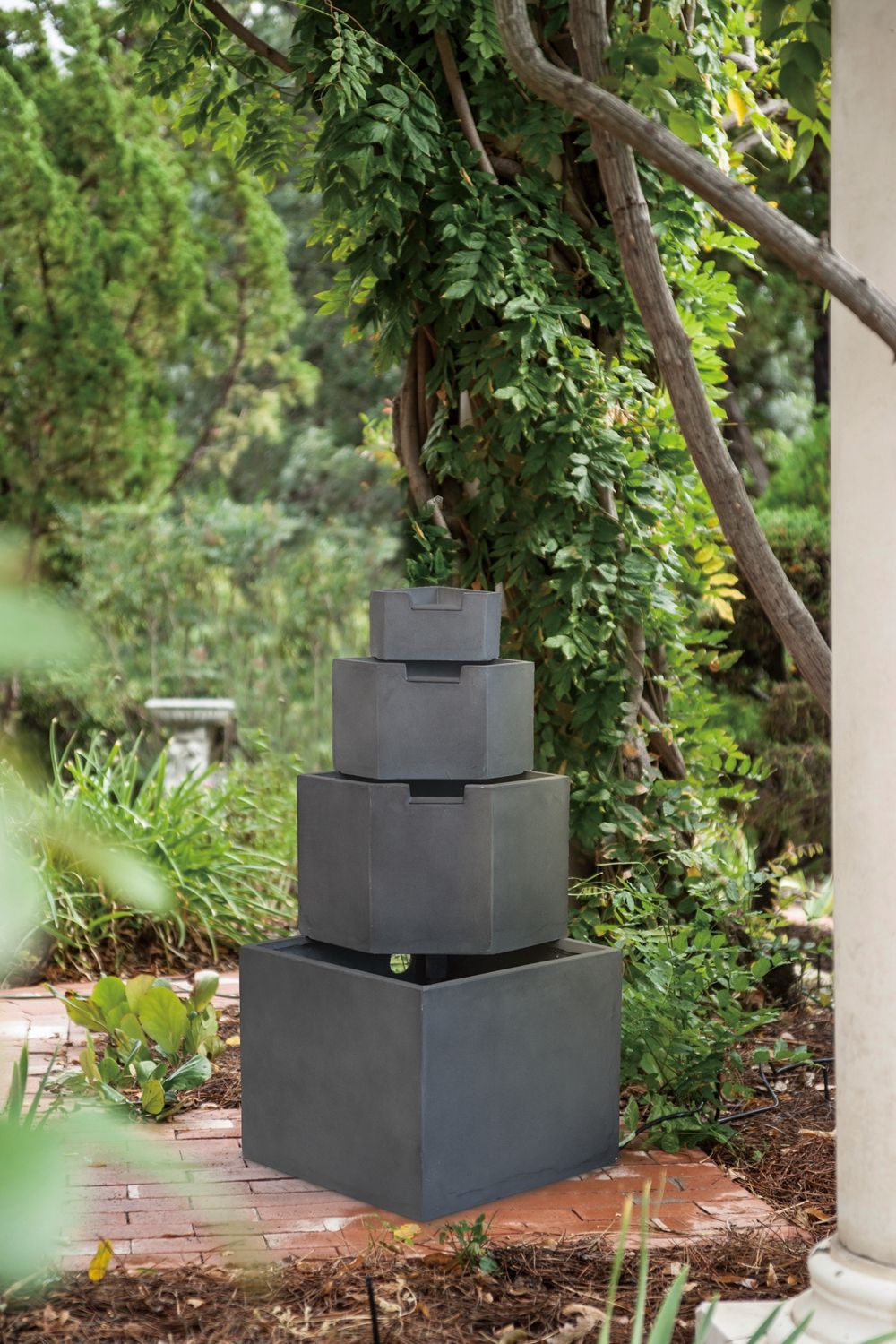 Cement 4 Tier Block Water Fountain with Modern Design - Gray