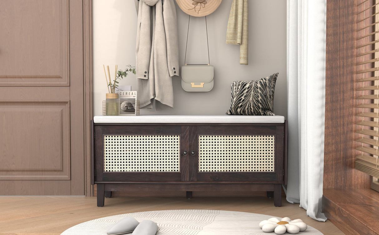 TREXM Boho Rattan Entryway Bench with Storage