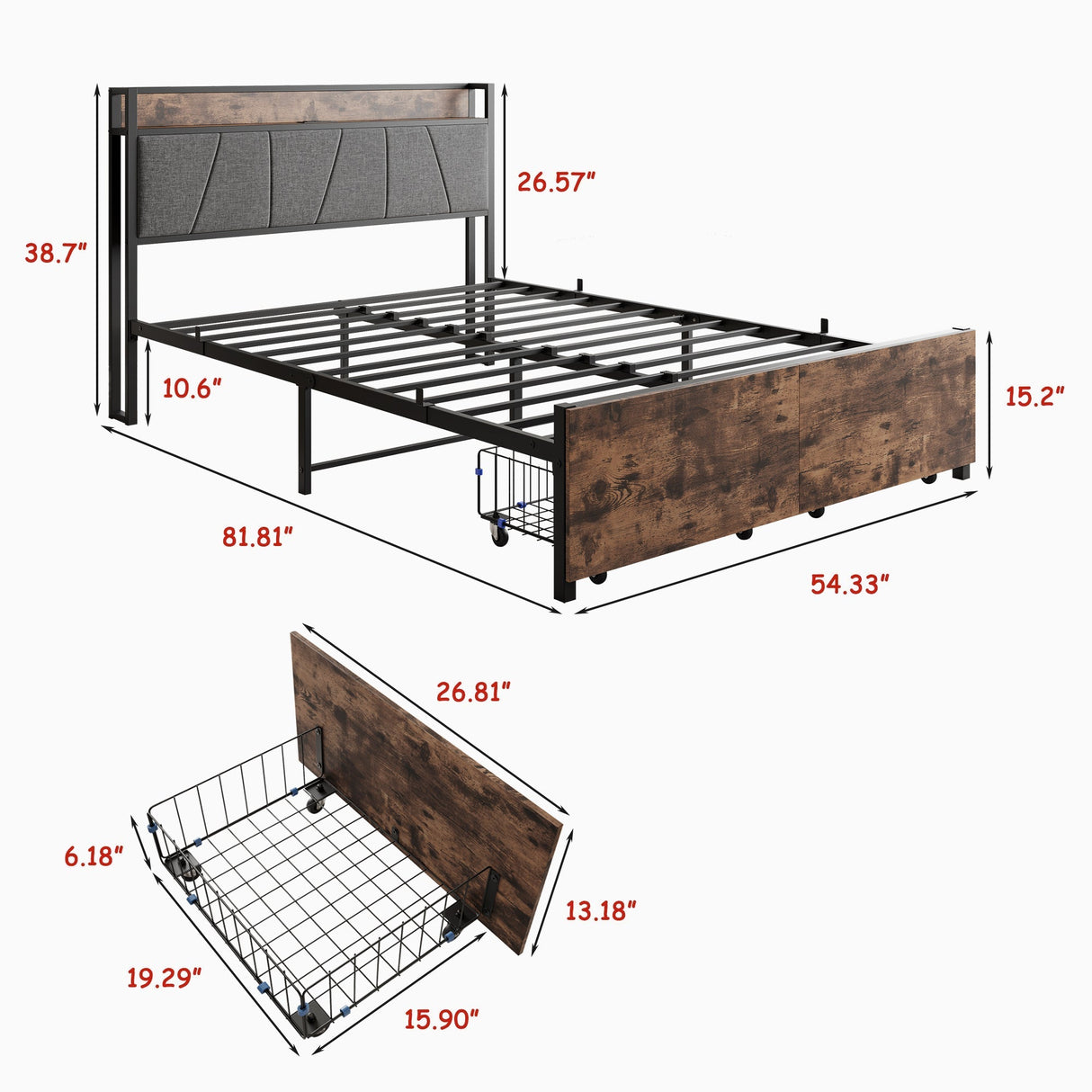 Upholstered Platform Bed with Storage and Charging Station in Vintage Brown and Gray