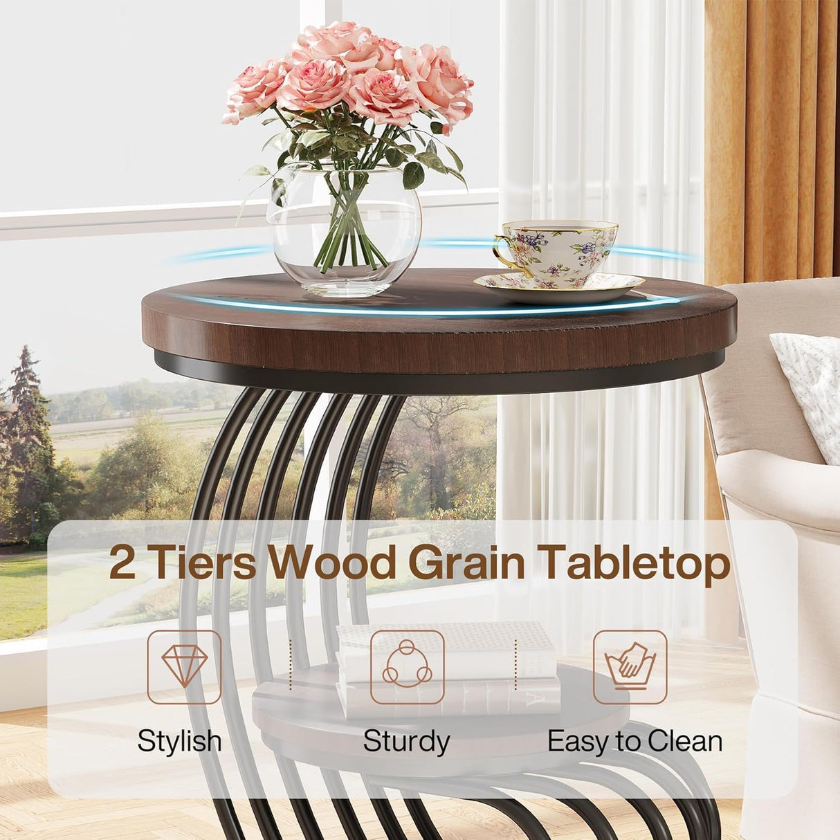 Round Vintage End Table With 2 Tier Storage