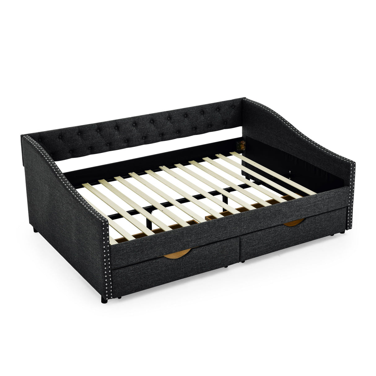Upholstered Tufted Daybed With Drawers, Waved Arms