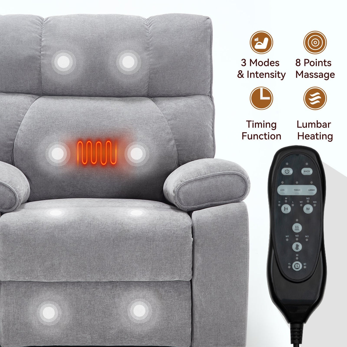 Grey Heat Massage Dual Motor Power Lift Recliner with Chenille Upholstery - Grey