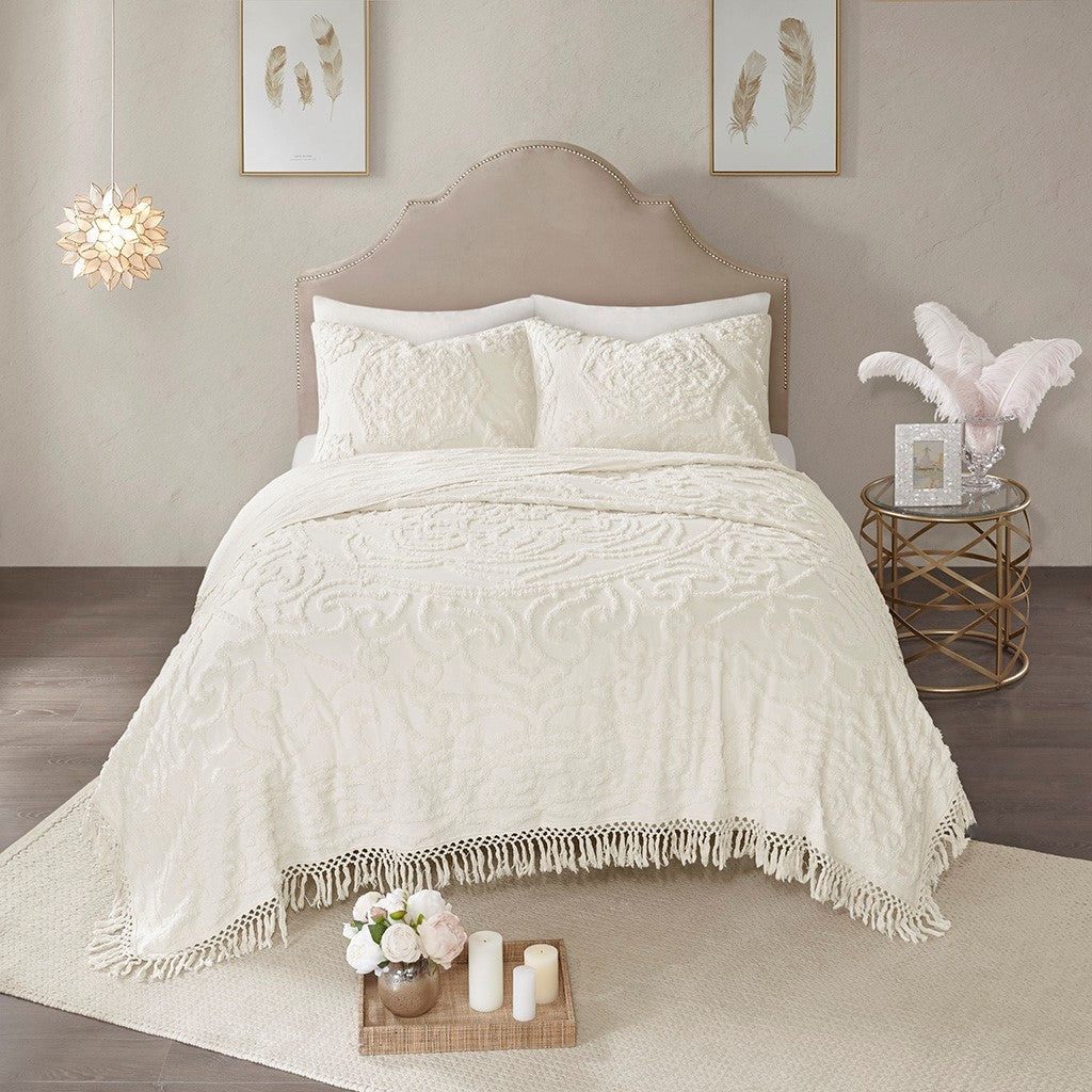 Tufted Cotton Chenille Medallion Fringe Coverlet Mini Set - Off-White Full/Queen