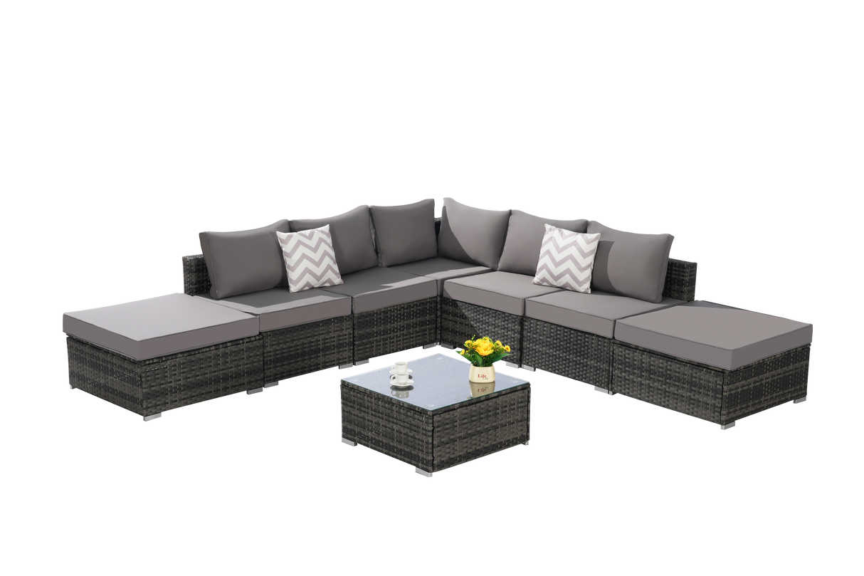 8 Pieces Outdoor Patio Sectional Sofa Couch,Wicker Furniture Conversation Sets with Washable Cushions & Glass Coffee Table for Garden, Poolside, Backyard