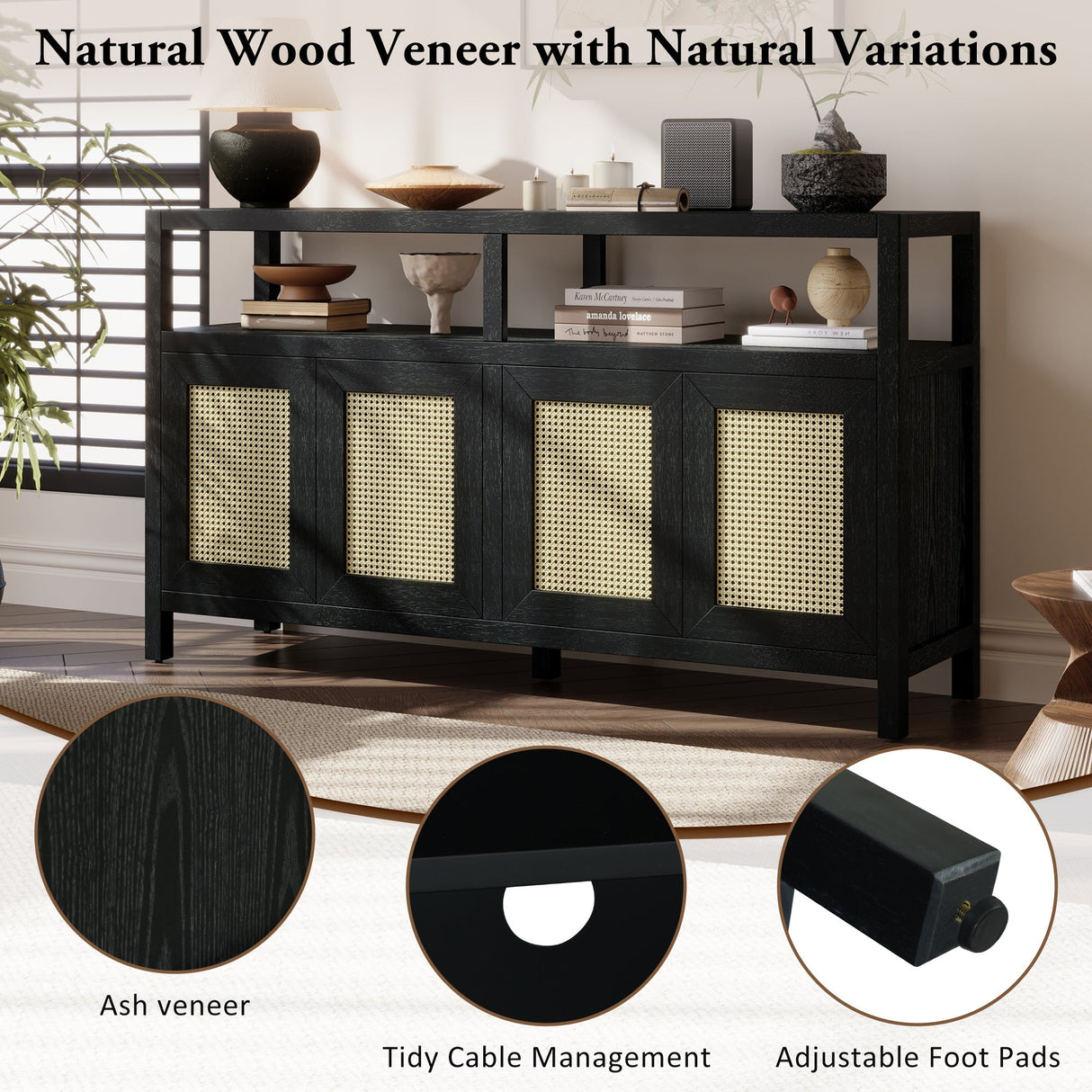 TREXM Bohemian Style Rattan Buffet Storage Cabinet with Solid Wood Frame