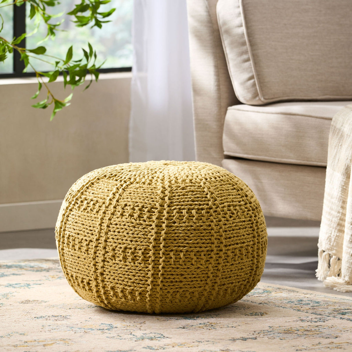 Yuny Knitted Cotton Round Pouf With Modern Design - Yellow
