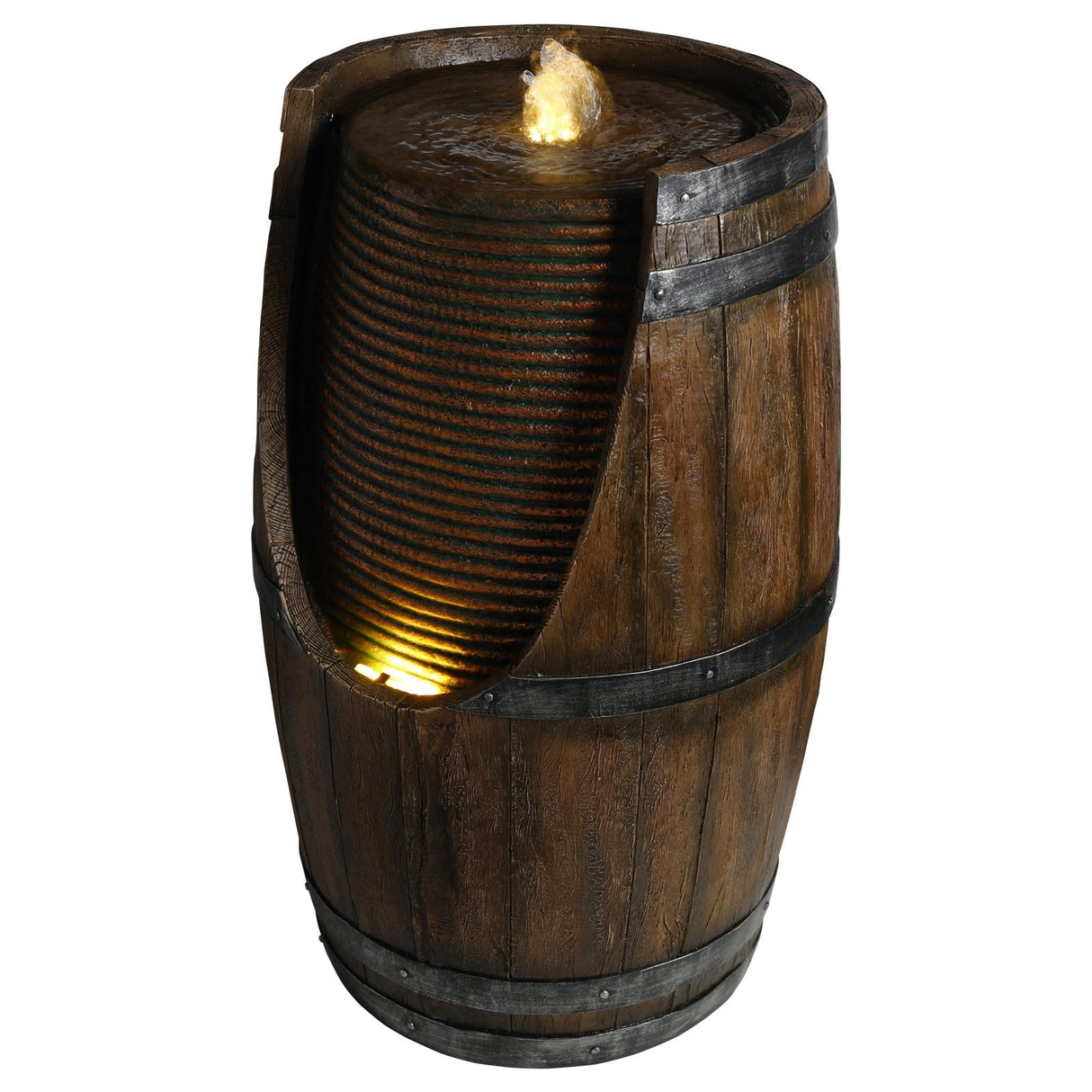 Outdoor Barrel Water Fountain with Lights Rustic Wood Look Resin Handmade Waterfall Garden Decor for Patio Yard Porch