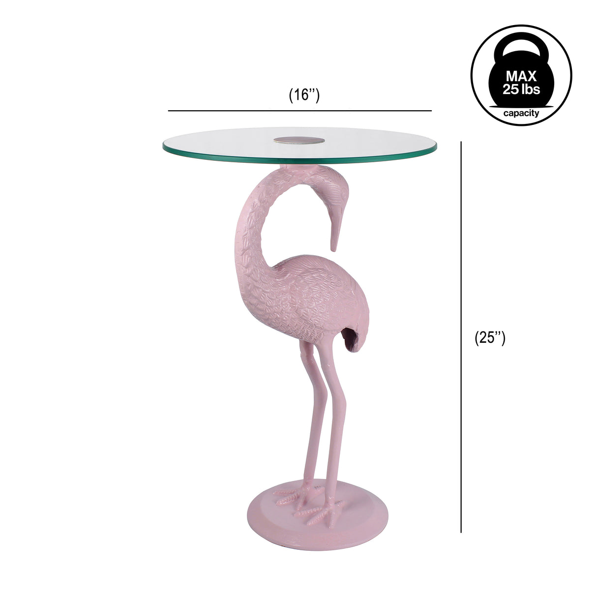 Blanche 25" Classic Mid-Century Glass Top Flamingo End Table, Pink