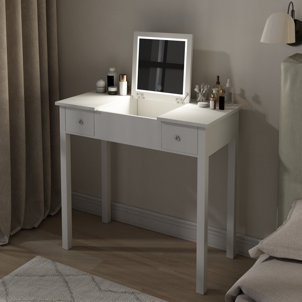 Chic-White-Vanity-Table-with-LED-Lights,-Flip-Top-Mirror-and-2-Drawers,-Jewelry-Storage-for-Women-Dressing-VANITY