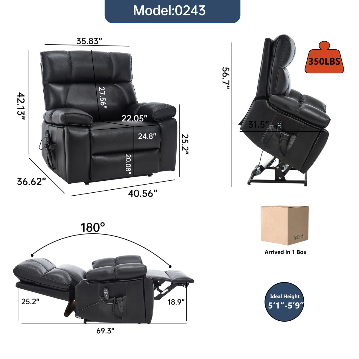Black Leatheraire Heat Massage Recliner with Lumbar Heat - Black