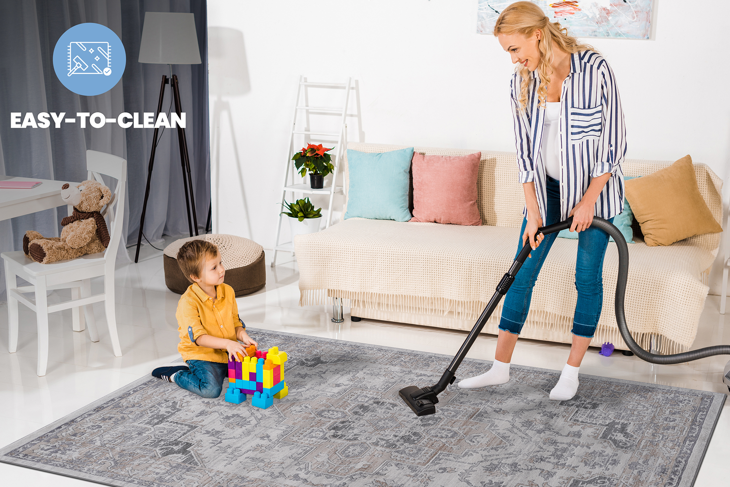 5X7 Ivory/Beige/Oriental Non-Shedding Living and Stain Resistant Area Rug