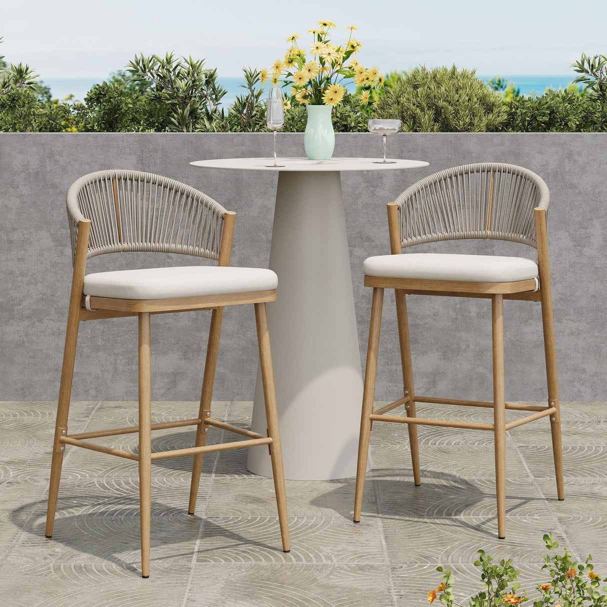 Outdoor Bar Height Metal Frame Counter Stools with Scallop Shaped Backrest