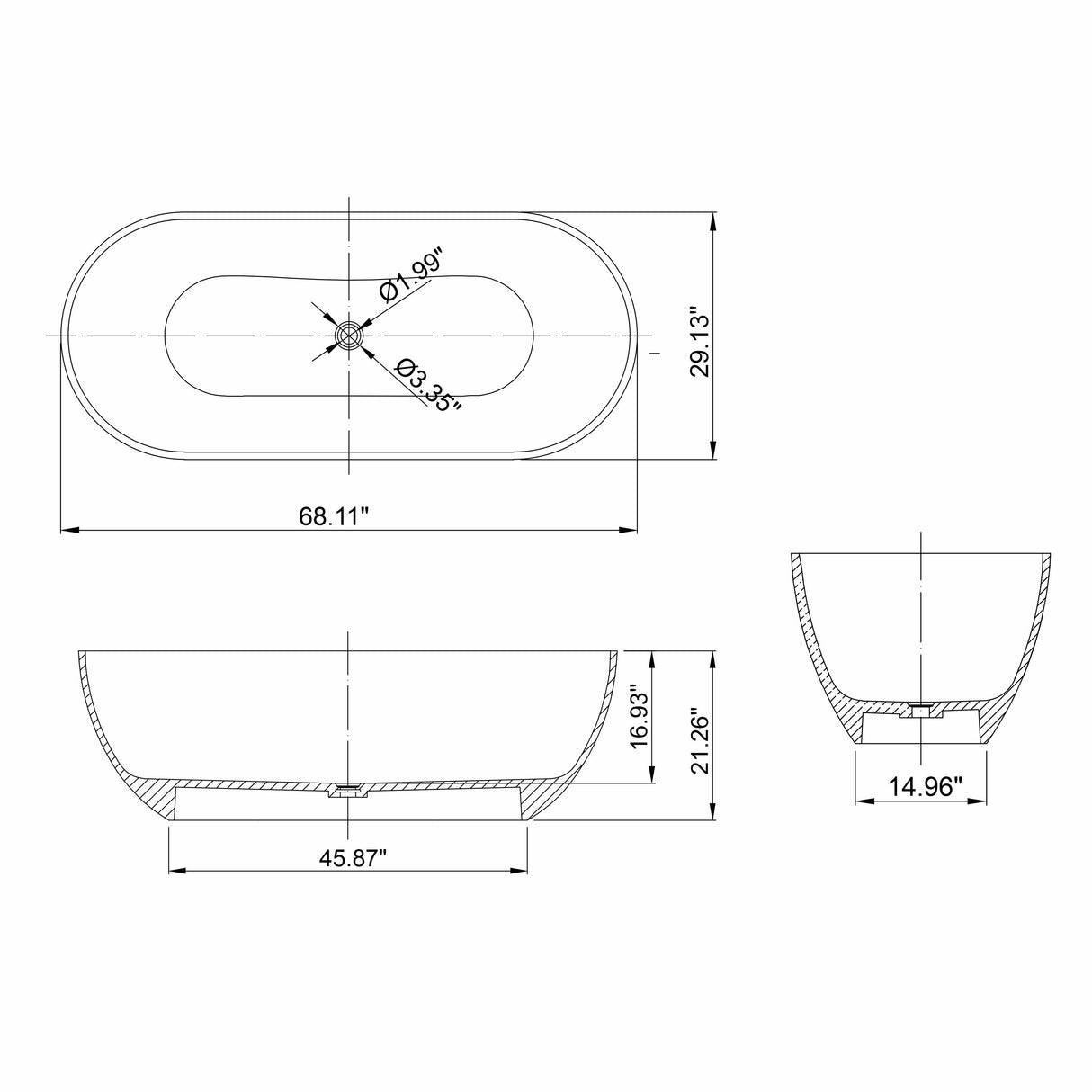 68.9 Inch Translucent Freestanding Bathtub