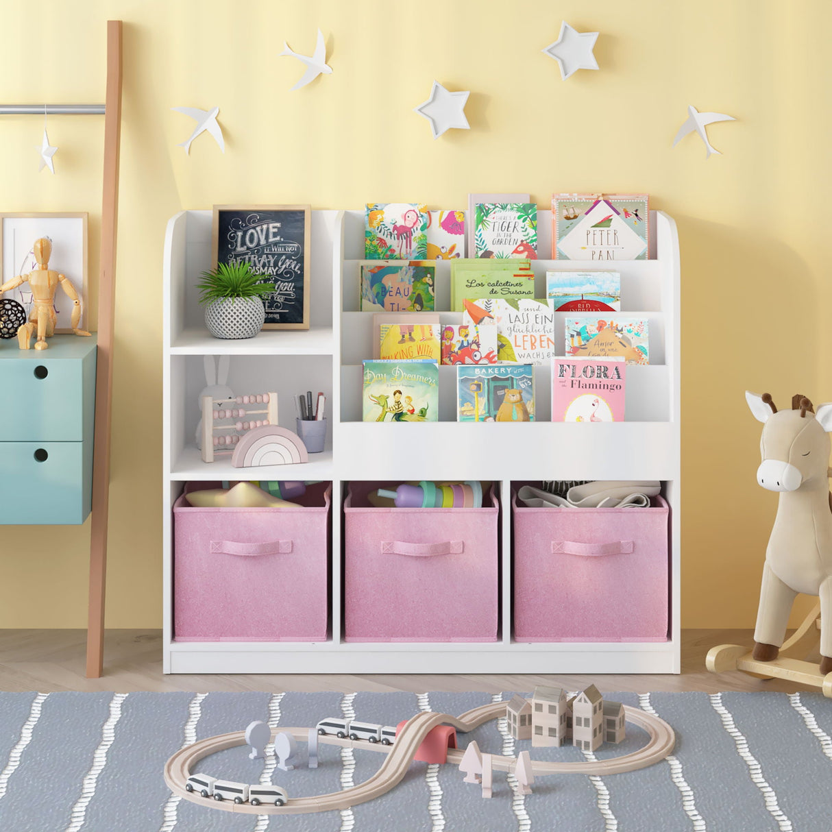 Bookcase And Bookshelf With 3 Collapsible Drawers, Multifunctional Display Stand