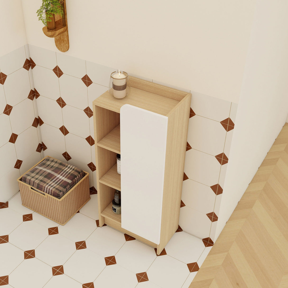 Freestanding Bathroom Side Cabinet, Narrow Storage Cabinet With Single Door & 3 Tier Open Shelves - Black / Light Oak / White