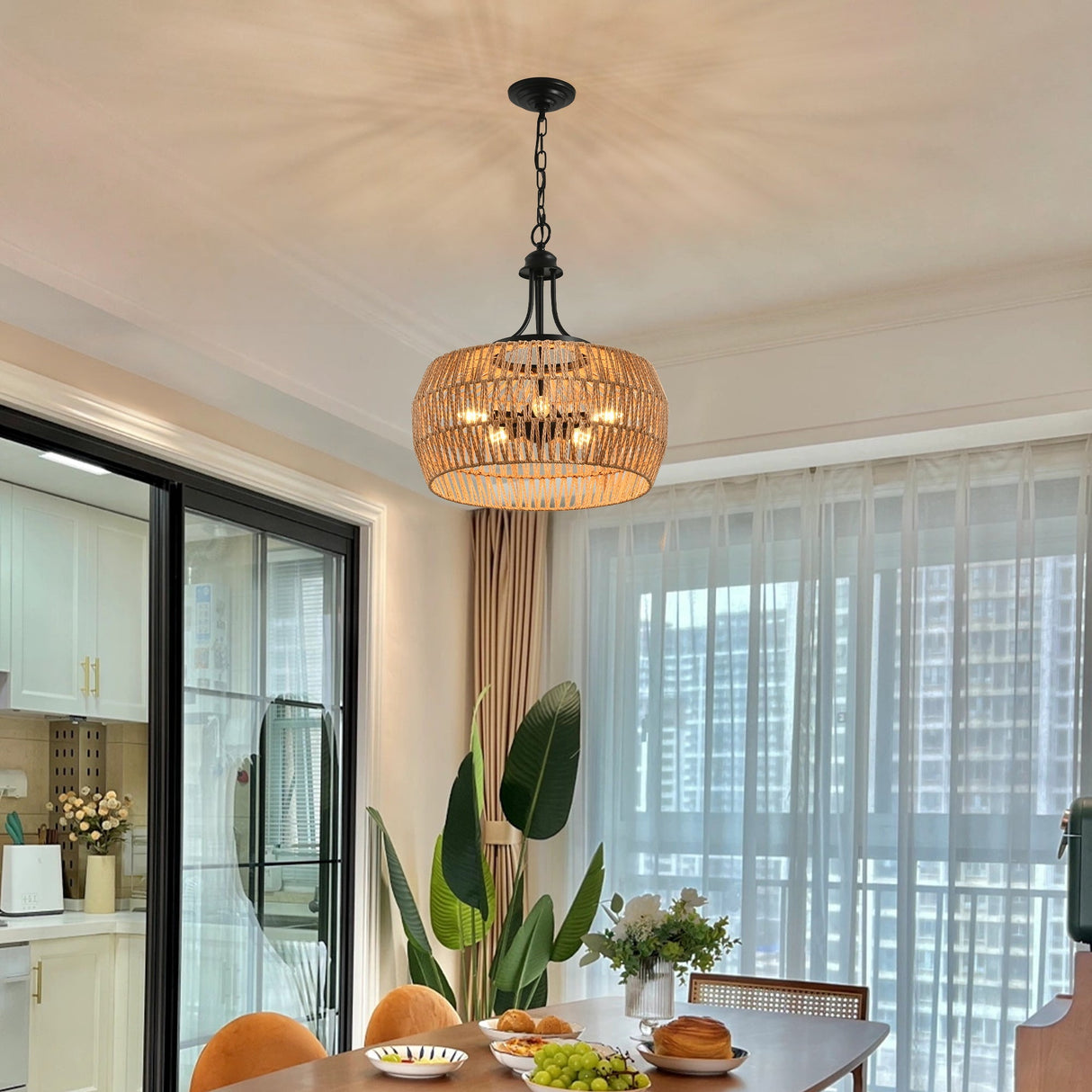 19' Boho Hemp Rope Pendant Light with Adjustable Chain