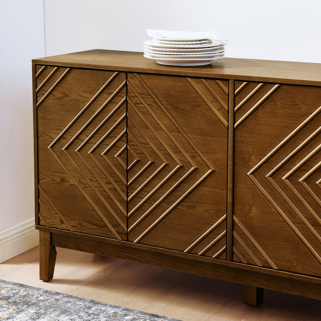 Diamond Fluted Sideboard Storage Cabinet with Adjustable Shelves
