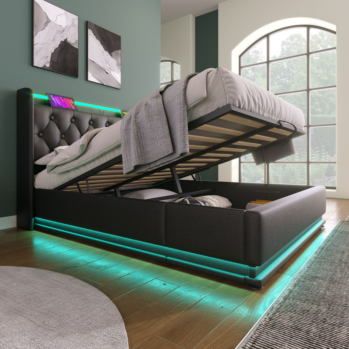 Upholstered Bed, 360 Surround LED Function, Remote Control, Hydraulic Storage Bed With USB, Type-C Charging (Without Mattress)