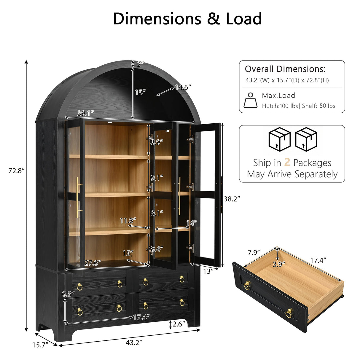 K&K 72.8" Tall Arched Pantry Cabinet