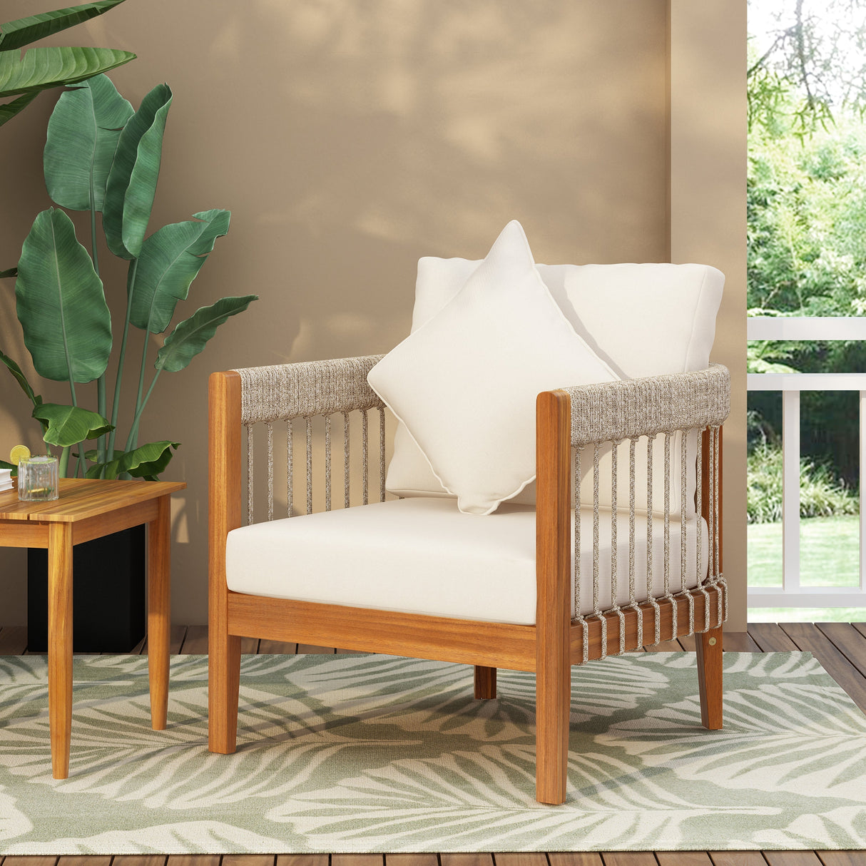 Acacia Wood Outdoor Club Chair with Handwoven Rope Accents and Curved Backrest