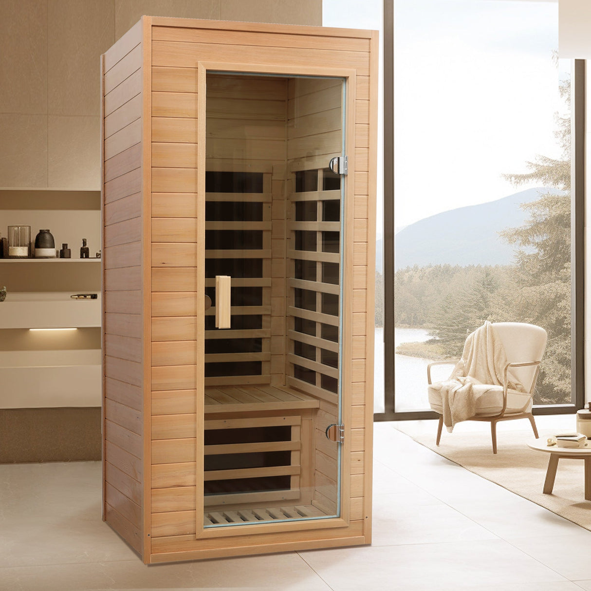 Hemlock One-person Far Infrared Roof Embedded Indoor Sauna Room Natural Hemlock 33.7x33.46x72.83 inches