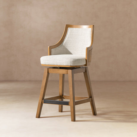 Bahama-26'-Cane-Rattan-High-Back-Swivel-Counter-Stool-with-Recessed-Arms,-Two-Tone-Neutral-Gray-Polyester-Wool-Blend-Counter-Stools