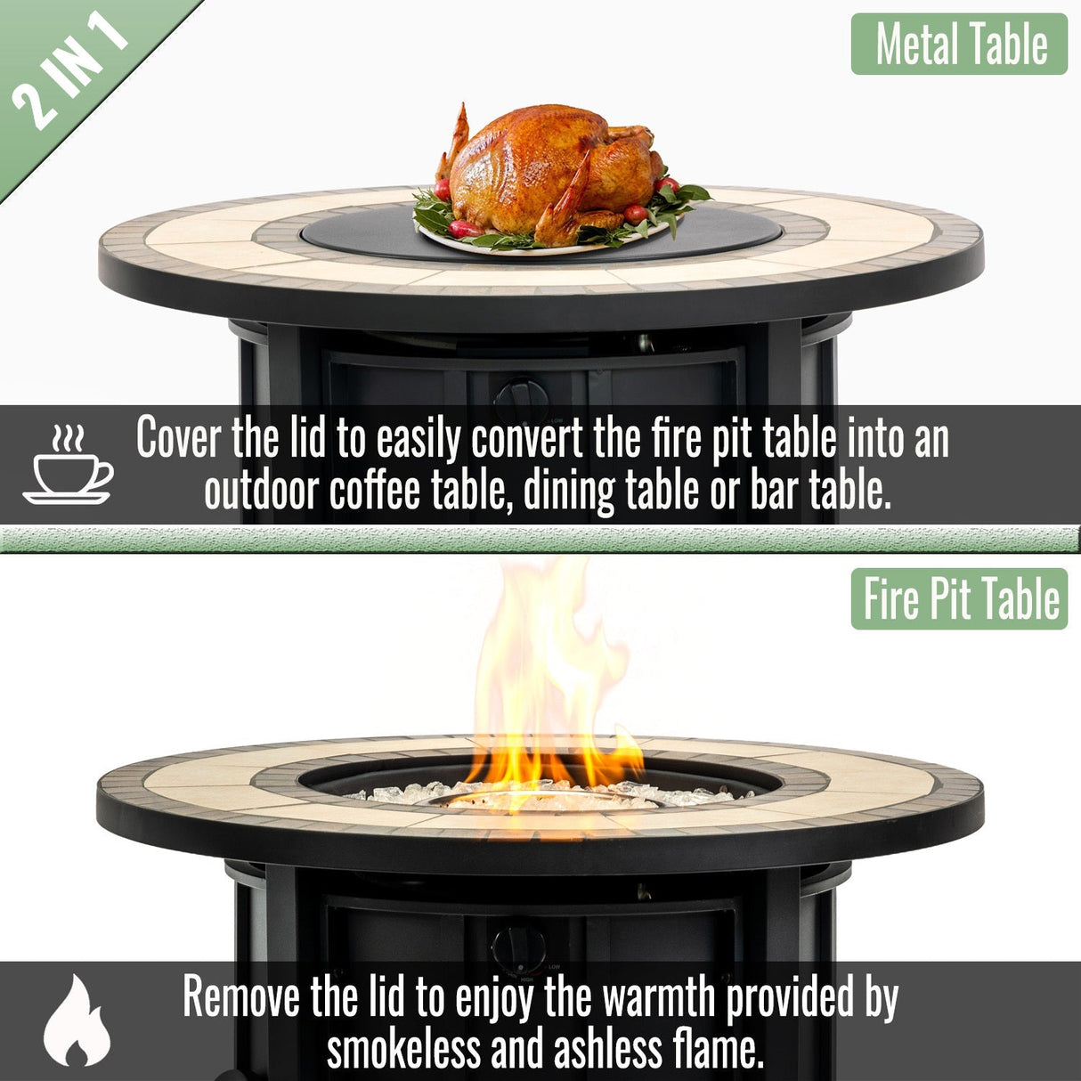 30" Propane Gas Fire Pit Table with Mosaic Ceramic Tabletop