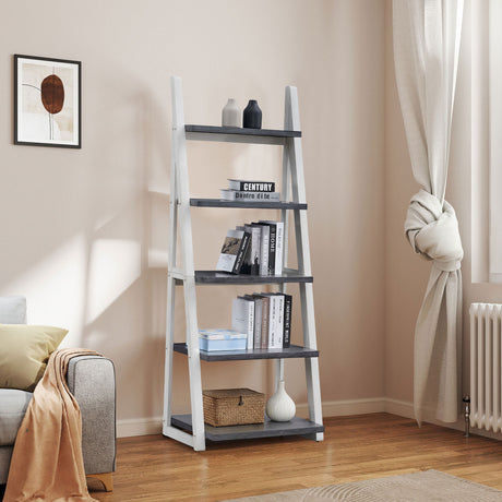 5-Tier-Ladder-Shelf-with-Rubber-Wood-Frame-Bookcases-&-Standing-Shelves