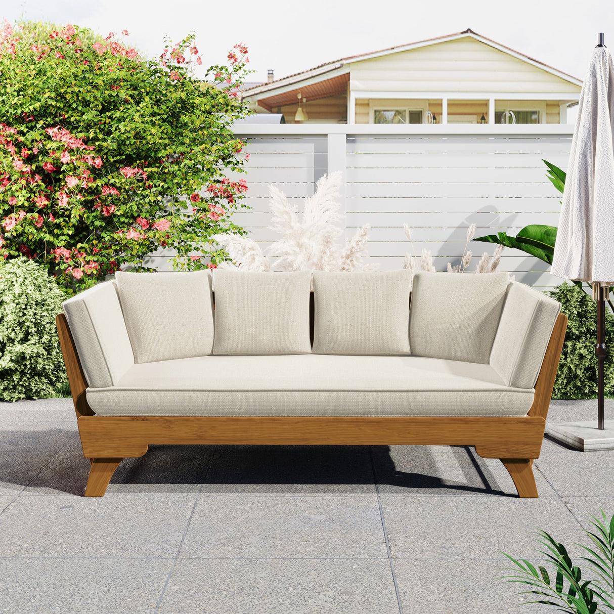 Outdoor Patio Daybed Sofa, 3-Seat Sofa with Foldable Arm & Removable Cushions